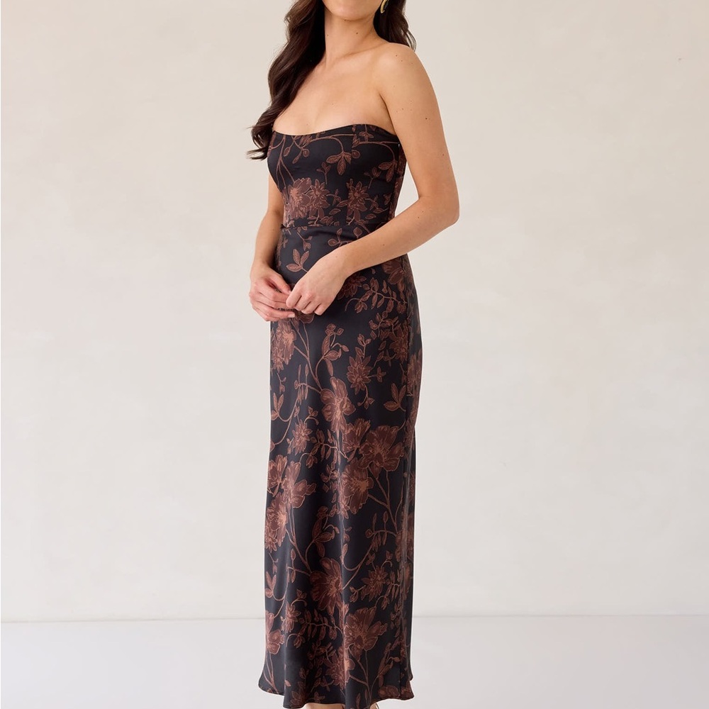 Chic Strapless Nacy and Brown Floral Maxi Dress
